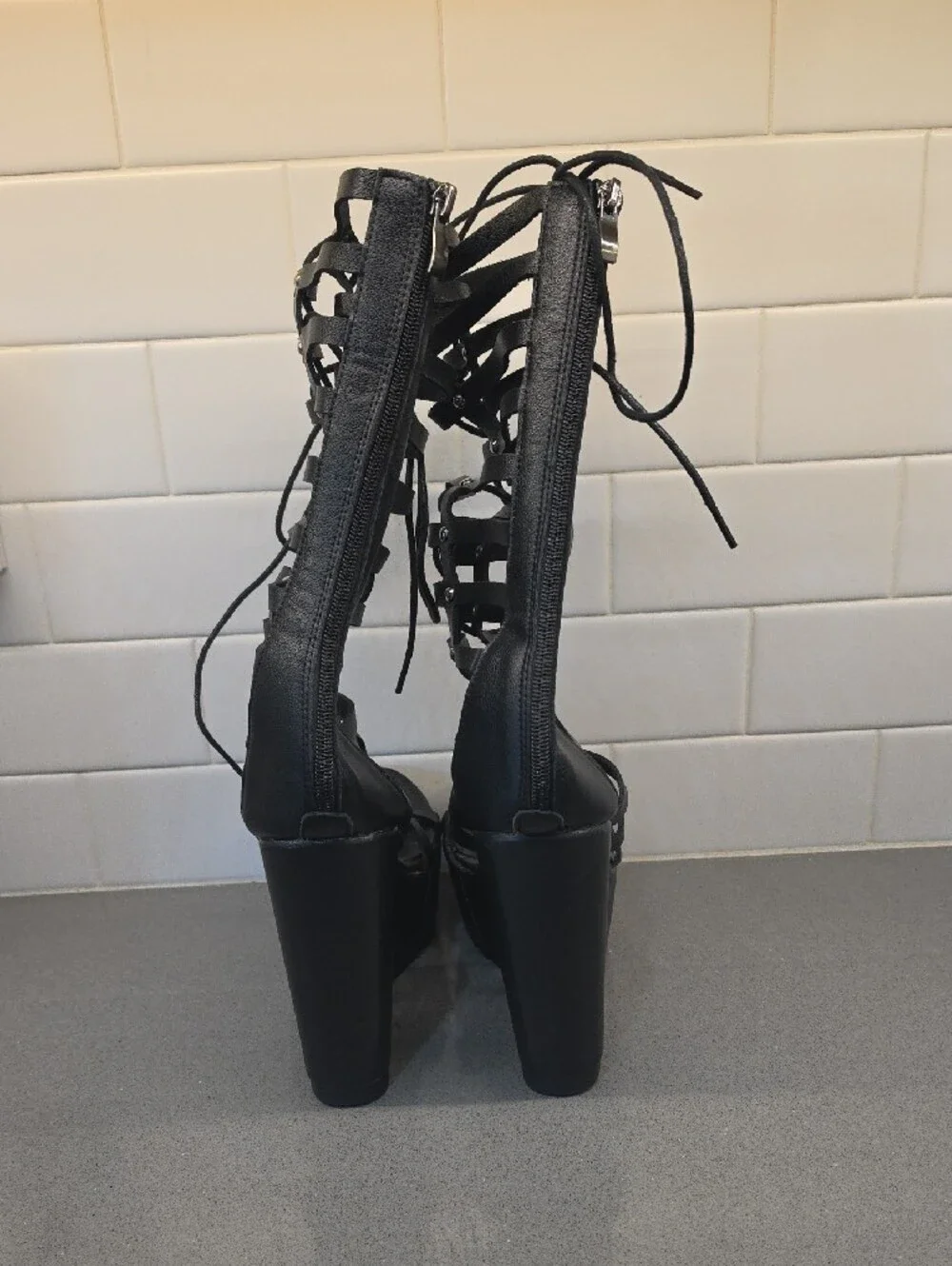 Black Lace-Up Gladiator Wedge Sandals